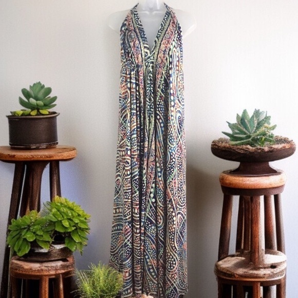 Bigg Bull Dresses & Skirts - Bigg Bull Silk Boho Backless Halter Maxi Dress Green Blue Gold Metallic
